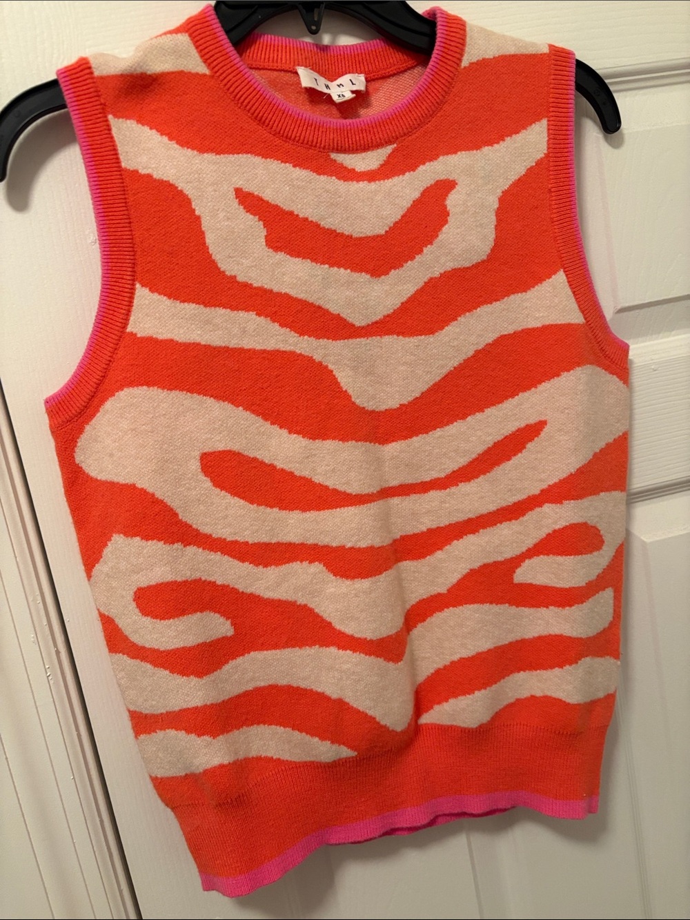 THML Zebra-Print Knit Sweater Vest in Bright Orange and Cream